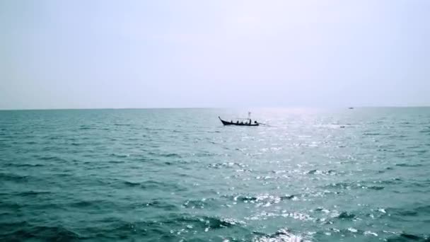 Aerial Drone View Traditional Wooden Longtail Boat Open Turquoise Sea — Stock Video