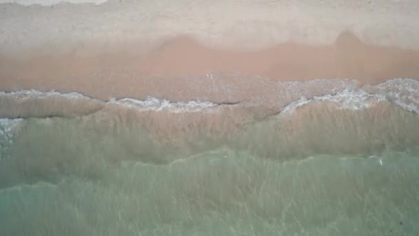 Aerial Drone Top View Sea Waves Crashing Sandy Beach — Stock Video