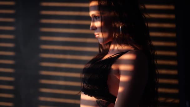 Sensual Woman Wearing Black Bra Trousers Posing Bed Window Blinds — Stock Video