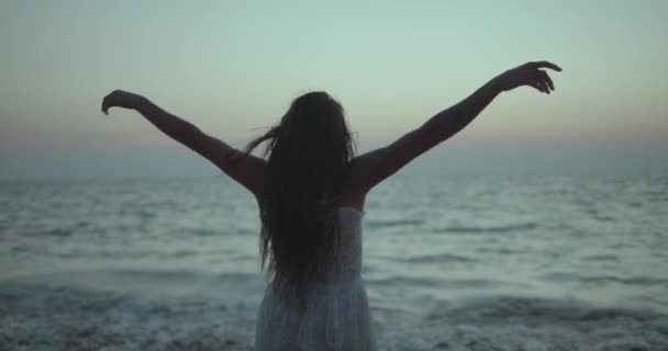 夏初傍晚时分穿着白色花边裙走向大海的漂亮黑发女子的背影 慢镜头 — 图库视频影像