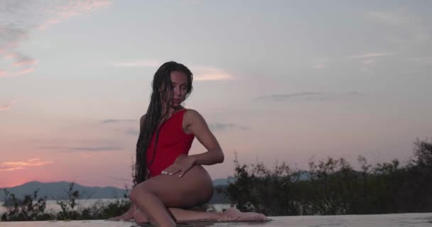 Beautiful Brunette Woman Red Swimsuit Posing Outdoor Pool Sunset Sky — Stock Video