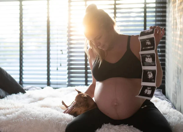 Feliz Mujer Embarazada Sosteniendo Fotos Ultrasonido Mientras Está Sentada Cama — Foto de Stock