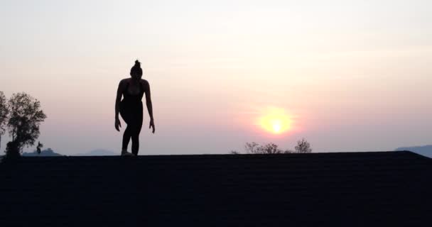 夏夜落日的天空背景上 年轻女子坐在屋顶上的轮廓 慢镜头 — 图库视频影像