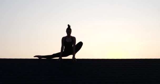 Silhouette Jeune Femme Faisant Des Acrobaties Sur Toit Sur Fond — Video