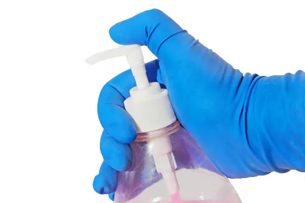 Guante Goma Azul Con Botella Bomba Plástico Jabón Líquido Aislado —  Fotos de Stock