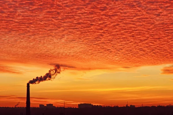 Rökpipa Dramatisk Färg Himmel Bakgrund Miljöföroreningsbegreppet — Stockfoto