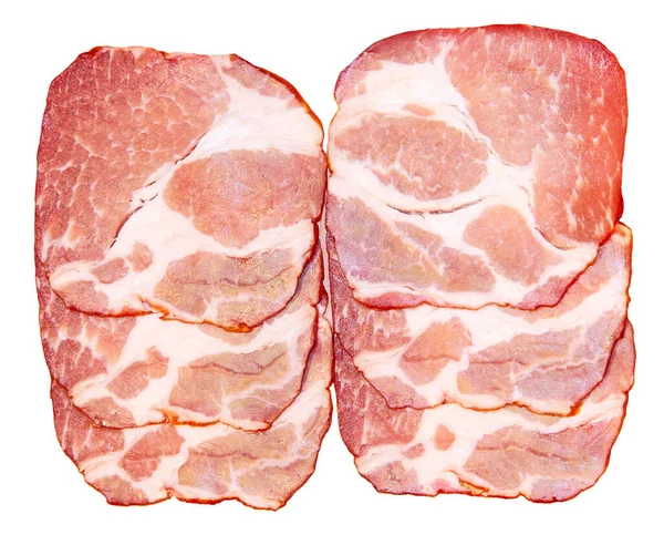 Skivad Bacon Isolerad Vit Bakgrund Ovanifrån — Stockfoto