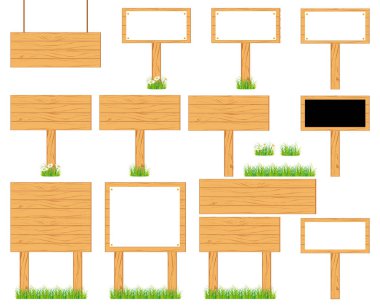 Wooden realistic display signboards standing on the grass or isolated. Vector collection. clipart