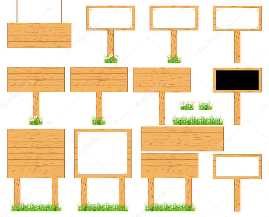 Wooden realistic display signboards standing on the grass or isolated. Vector collection.