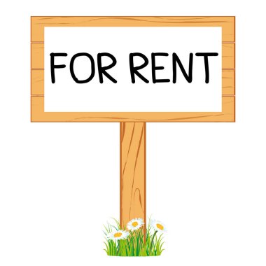 Çimenlerin üzerinde ayakta veya izole ahşap gerçekçi ekran tabela. Kiralık. Emlak simgesi.