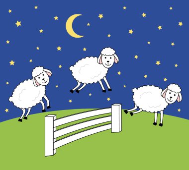 Geceleri uyanık. Koyun sayma. Uykusuzluk illüstrasyon. 
