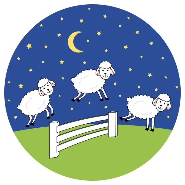 夜に目がさめています。羊を数えます。不眠症の図バブル. — ストックベクタ
