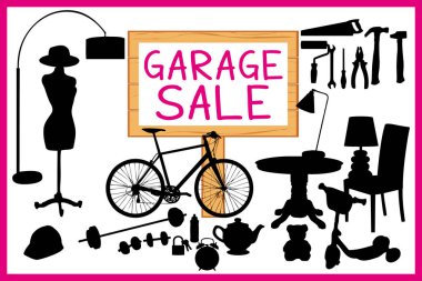 Garage sale vector illustration II. Cleanout home related items silhouettes. Pink theme. clipart