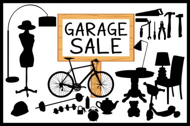 Garage sale vector illustration. Cleanout home related items silhouettes. clipart