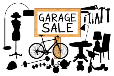 Garage sale vector illustration. Cleanout home related items silhouettes.  clipart