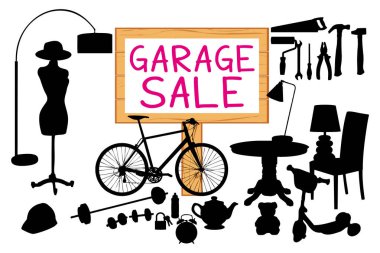 Garage sale vector illustration. Cleanout home related items silhouettes. Pink theme. clipart