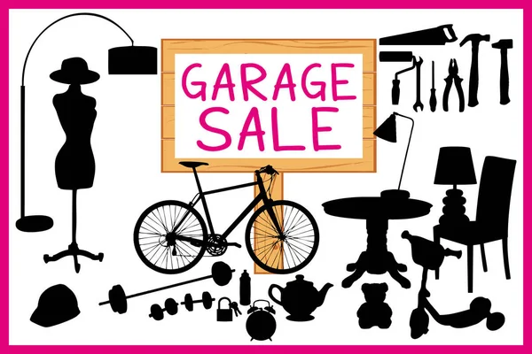 Garage sale vector illustration II. Cleanout home related items silhouettes. Pink theme. — Stock Vector