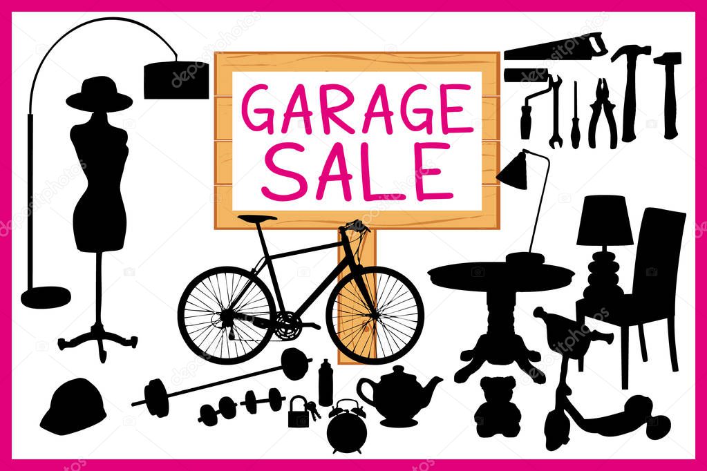 Garage sale vector illustration II. Cleanout home related items silhouettes. Pink theme.