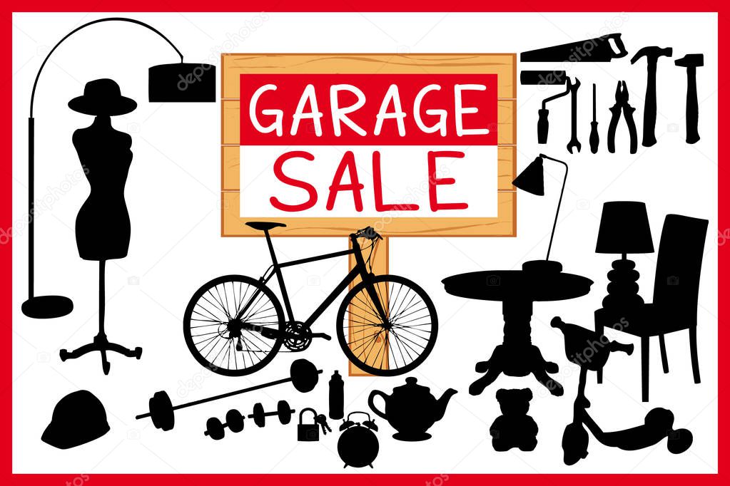 Garage sale vector illustration. Cleanout home related items silhouettes. Red theme.