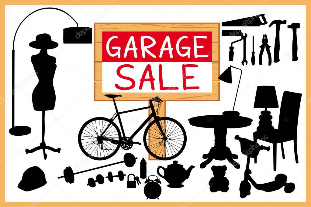 Garage sale vector illustration II. Cleanout home related items silhouettes. Red theme.