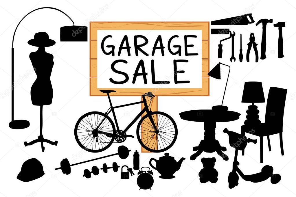 Garage sale vector illustration. Cleanout home related items silhouettes. 