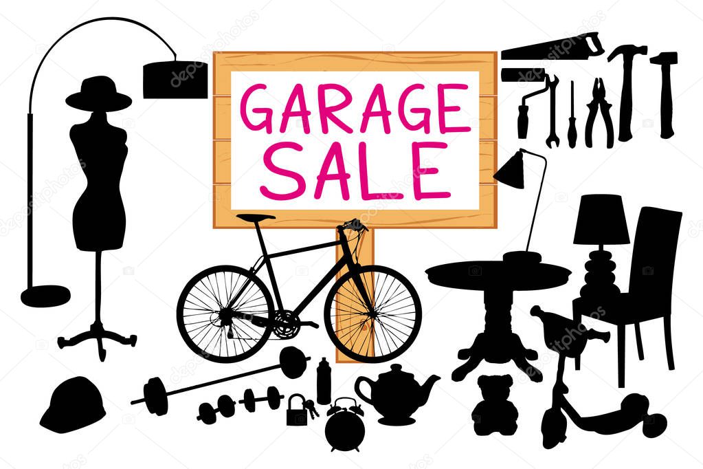 Garage sale vector illustration. Cleanout home related items silhouettes. Pink theme.