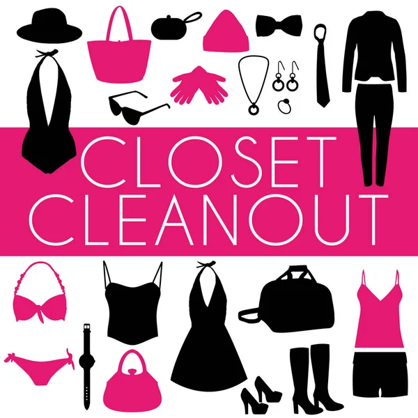 Closet cleanout evento vetor cartaz. Roupas de moda rosa e preta . — Vetor de Stock