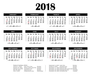 2018 siyah yıllık takvim. Resmi tatiller, ay ve hafta numaraları.