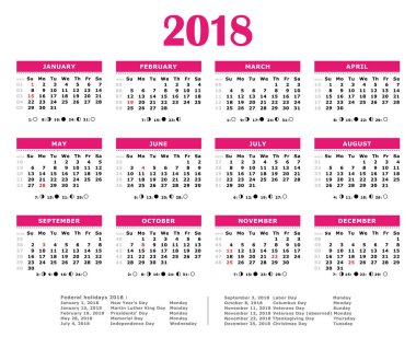 2018 pembe yıllık takvim. Resmi tatiller, ay ve hafta numaraları.