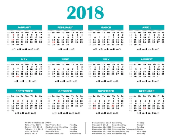 2018 Calendário anual verde azul. Feriados federais, lua e número de semanas . — Vetor de Stock