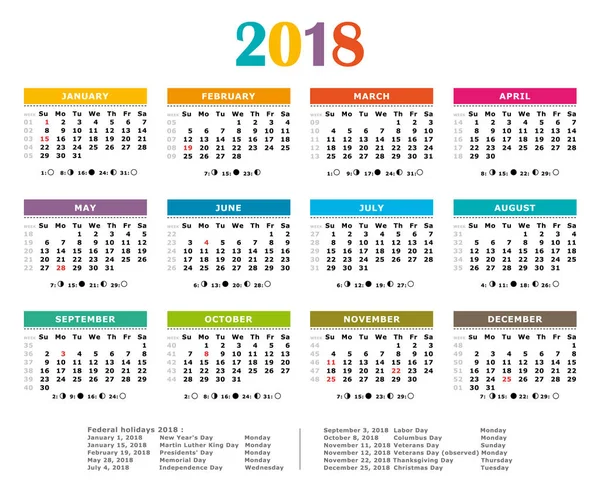 2018 Multicolor yearly calendar. Federal holidays, moon and numbers of weeks. — Stock Vector