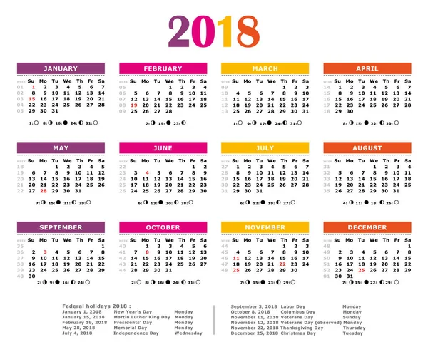 2018 Calendário anual colorido. Cores americanas. Feriados federais, lua e número de semanas . — Vetor de Stock