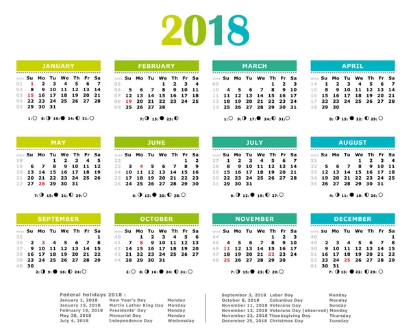 2018 Green blue shades yearly calendar.  Federal holidays, moon and numbers of weeks. — Stock Vector