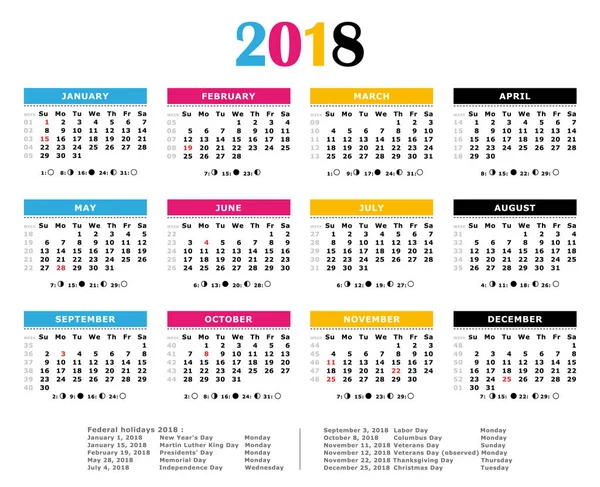 2018 CMYK yearly calendar. American colors. Federal holidays, moon and numbers of weeks. — Stock Vector