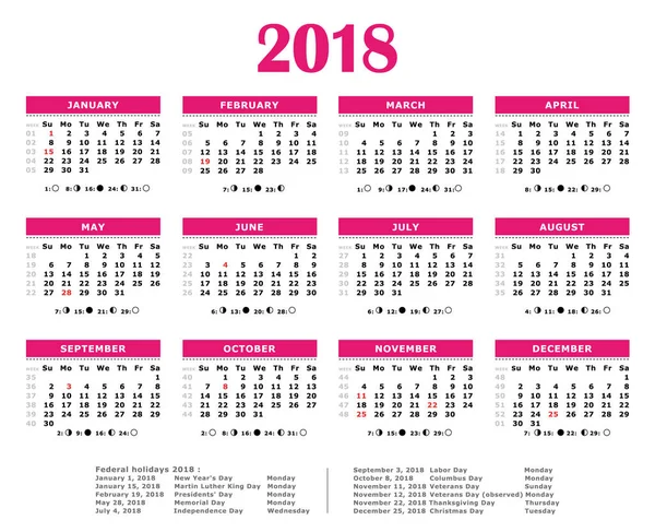 2018 Pink yearly calendar. Federal holidays, moon and numbers of weeks. — Stock Vector