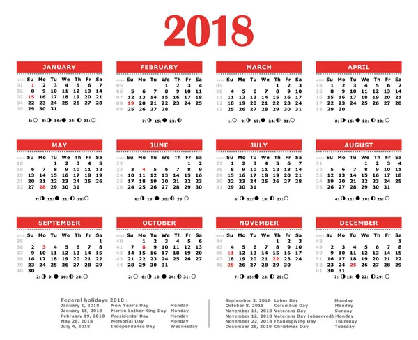 2018 Red yearly calendar. Federal holidays, moon and numbers of weeks. — Stock Vector