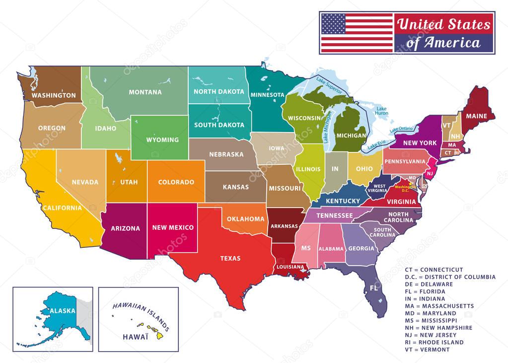 United States of America. Beautiful modern graphic USA map. 50 states. Alaska and Hawa.