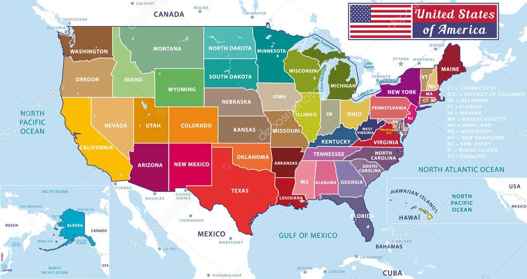 United States of America. Beautiful modern graphic USA map. 50 states. Alaska and Hawai.