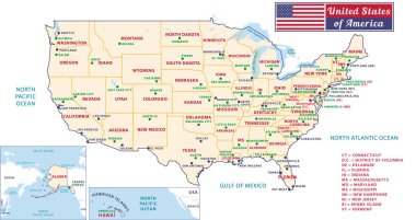 Amerika Birleşik Devletleri başkentleri devletler. Güzel modern grafik vektör ABD harita. Alaska ve Hawa. Pastel tonları.