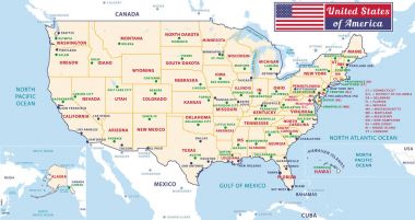 Amerika Birleşik Devletleri başkentleri devletler. Güzel modern grafik vektör ABD harita. Alaska ve Hawa. Pastel tonları.