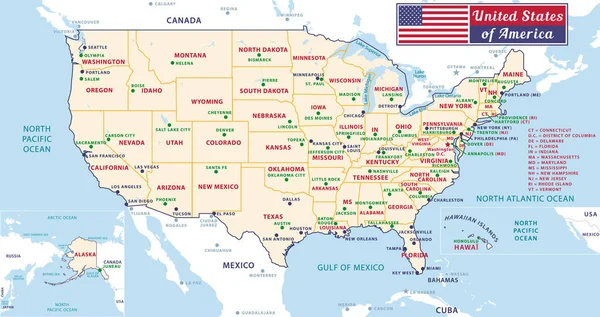 Capitales de los Estados Unidos de América. Hermoso vector gráfico moderno EE.UU. mapa. Alaska y Hawa. Tonos pastel . — Vector de stock