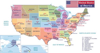 Birleşik Devletleri başkentleri ve Amerika Birleşik Devletleri büyük şehirler. Güzel modern grafik vektör ABD harita. Alaska ve Hawa. Pastel tonları.