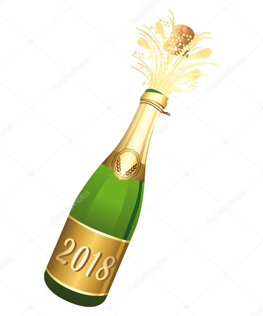 2018 Opened Champaign bottle vector illustration. Congratulations or happy new year.