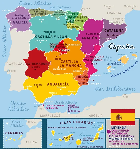 Mapa Colorido Espanha Com Países Federais Cidades Importantes Cartografia Vetorial — Vetor de Stock