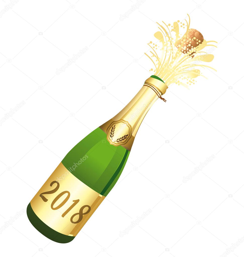 2018 Opened champagne bottle. vector icon.