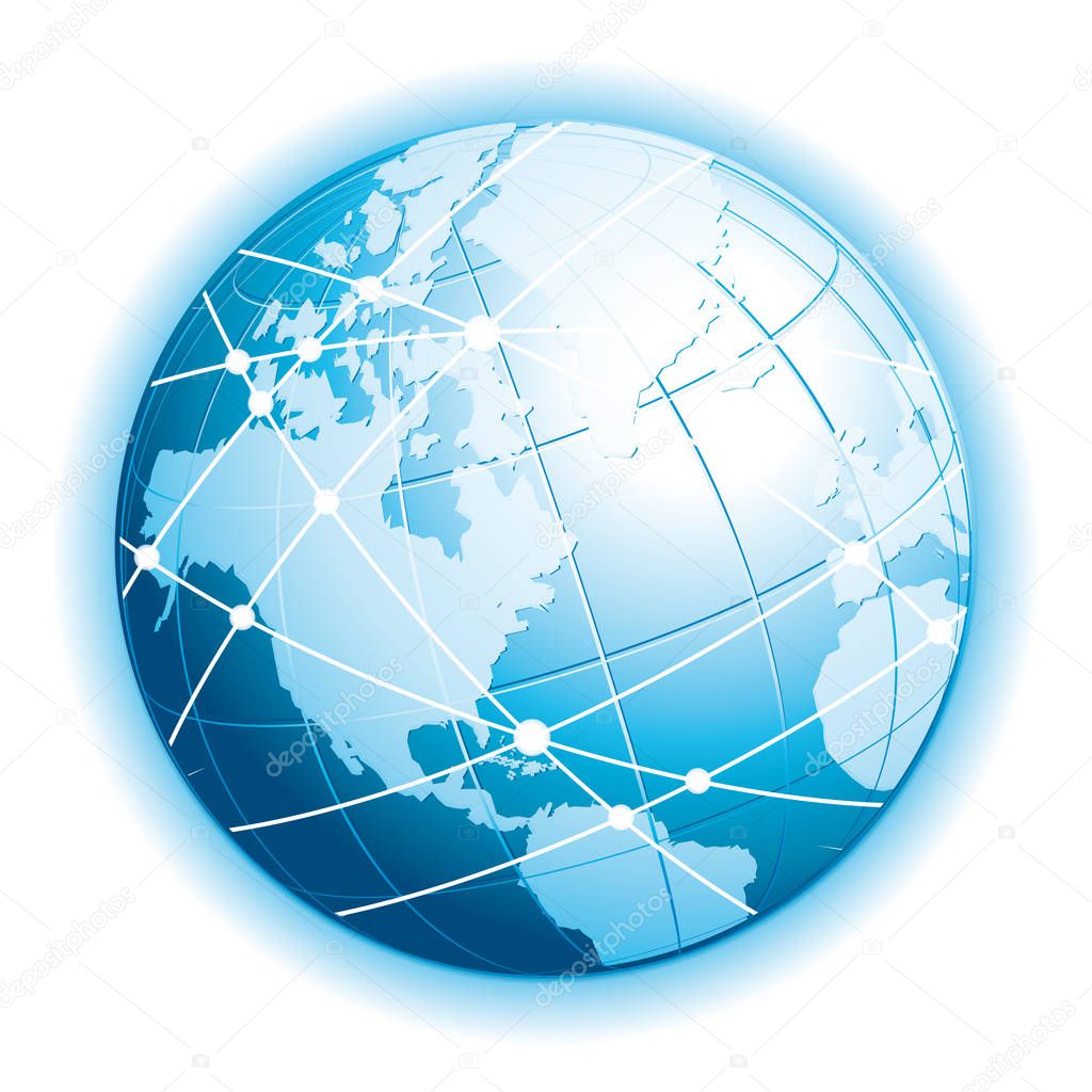 Communications globe. Network, travel, exchange or connectivity vector icon with halo.