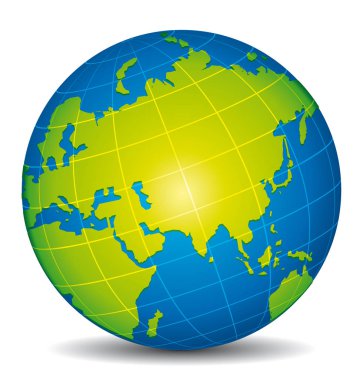 Güzel mavi ve yeşil 3d küre vektör. Afrika, Hindistan, Çin, Japonya ve Rusya görünümü.