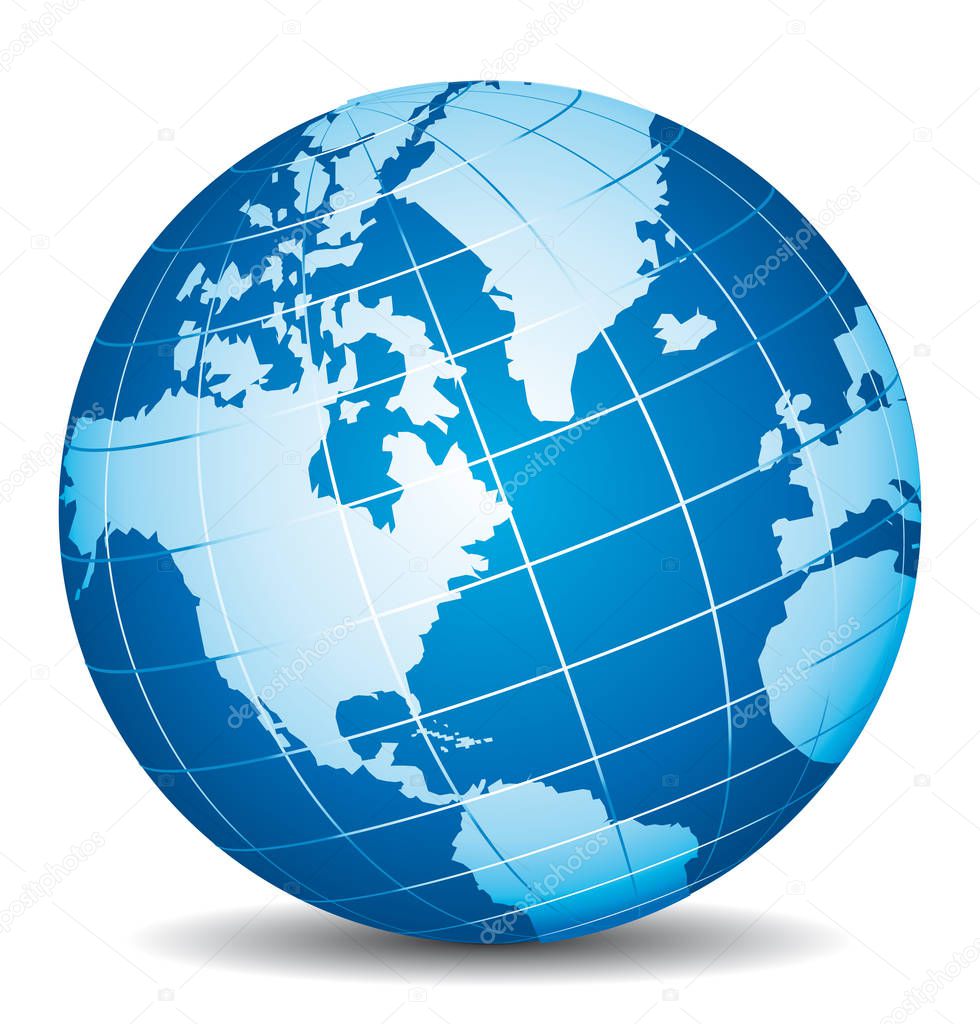 Beautiful blue 3d globe. America, Canada, Alaska and Atlantic view.