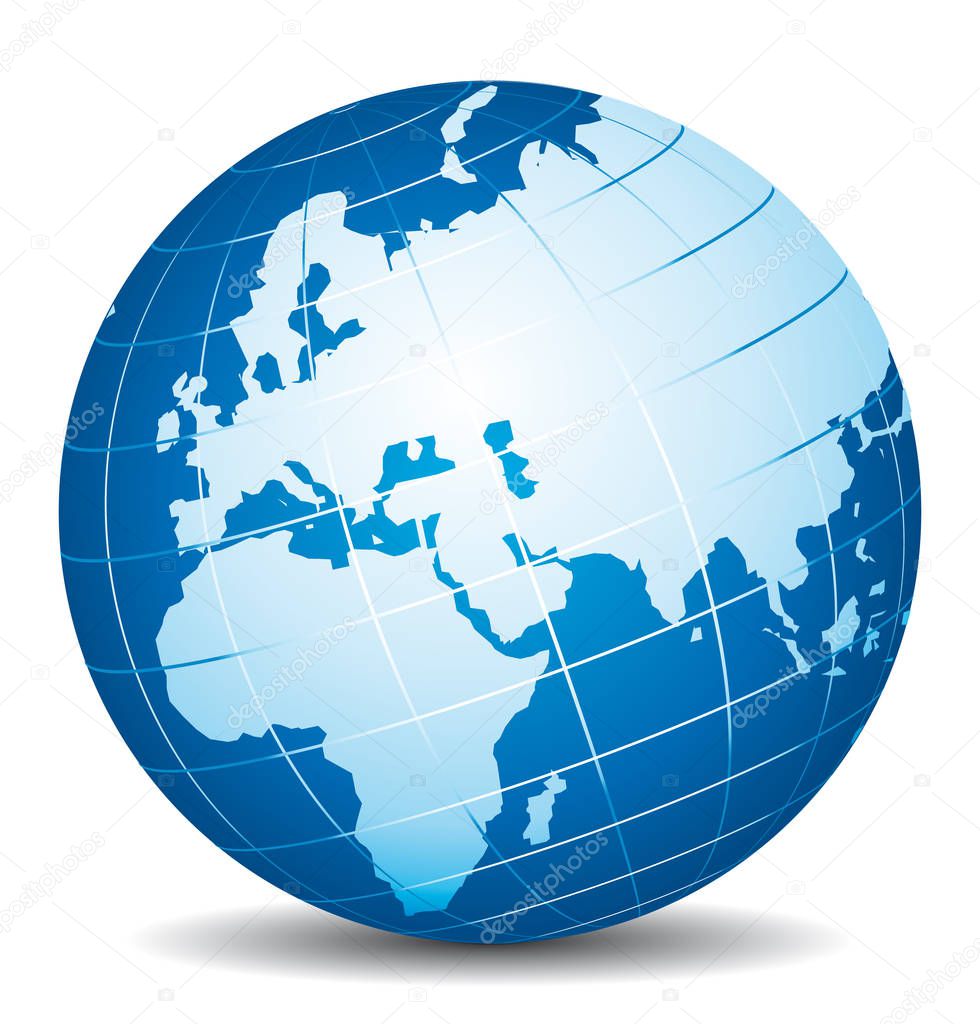 Beautiful 3d vector globe. Africa, Europe and Asia view.