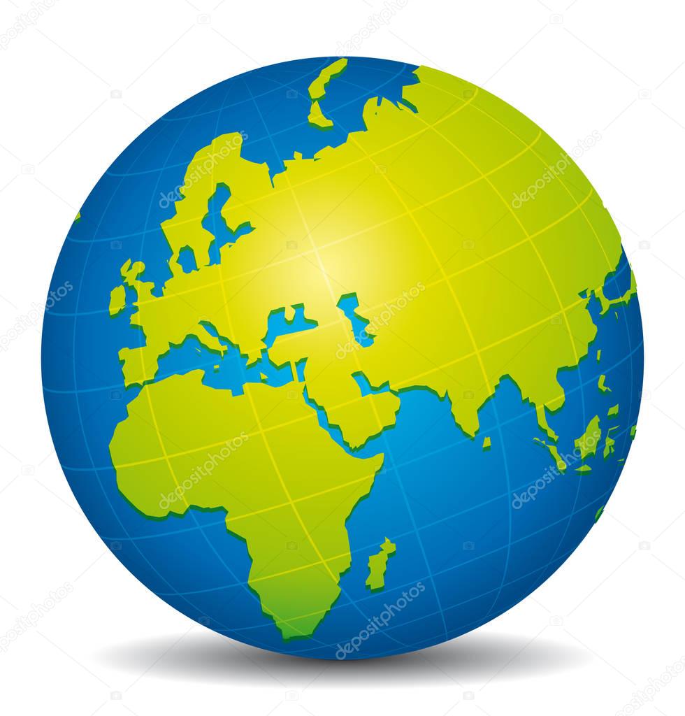 Beautiful blue and green 3d vector globe. Africa, Europe and Asia view.